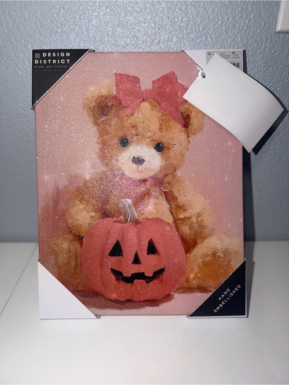 Halloween Teddy Bear With Pink Bow & Pumpkin Canvas
